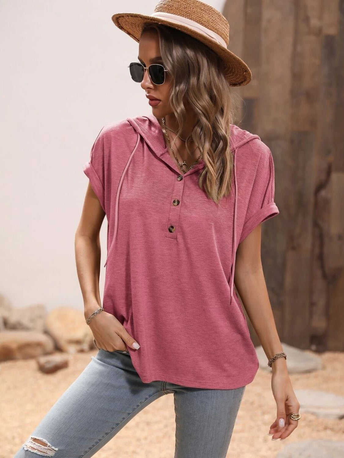 Half Button Hooded Short Sleeve Blouse - More Colors! - In Style Chics Boutique LLC