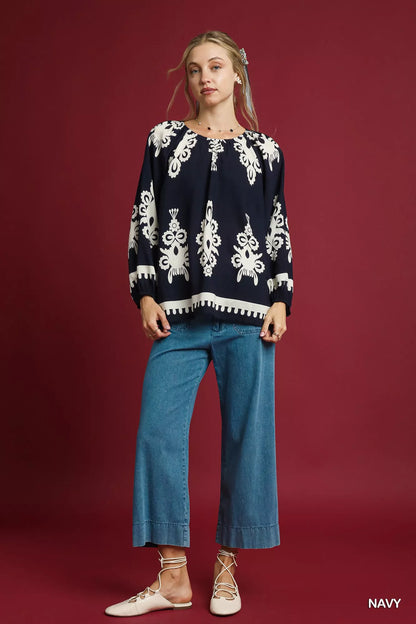 Two Tone Border Print Navy Top with Balloon Sleeves at In Style Chics Boutique