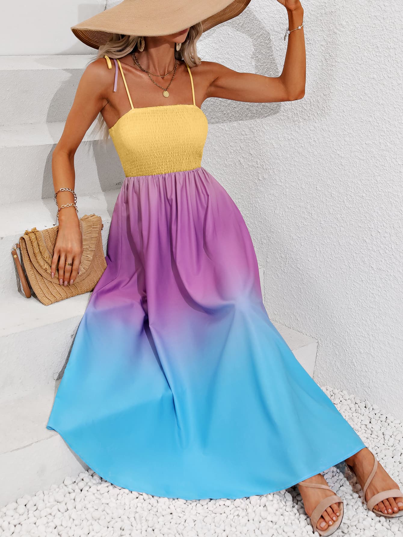 Color Block Tie Shoulder Smocked Maxi Dress - In Style Chics Boutique LLC