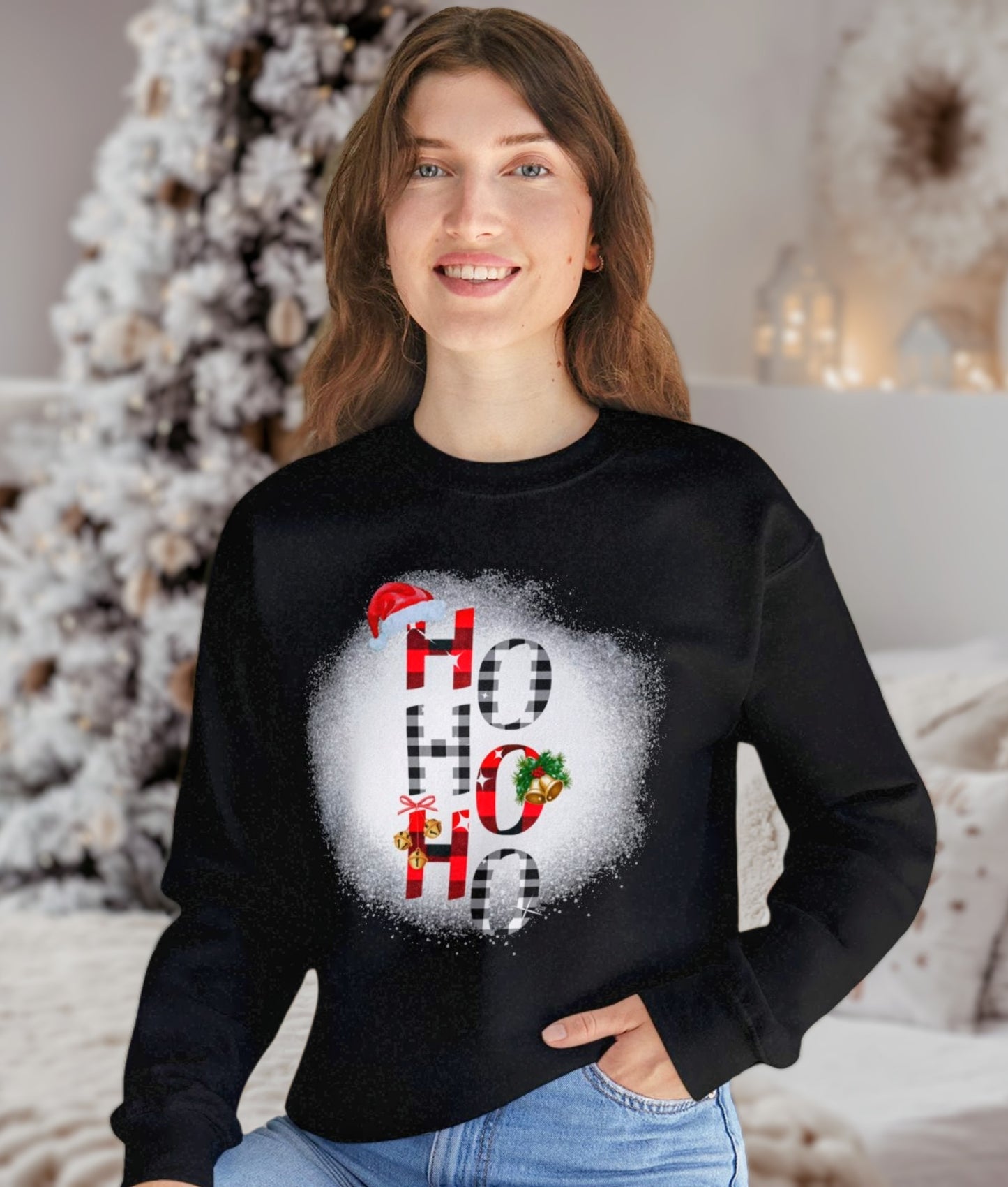 Shop Cozy Christmas sweatshirt featuring ‘Ho Ho Ho’ in cute and festive plaid design at In Style Chics Boutique 🎁🎅🏻🧑🏻‍🎄
