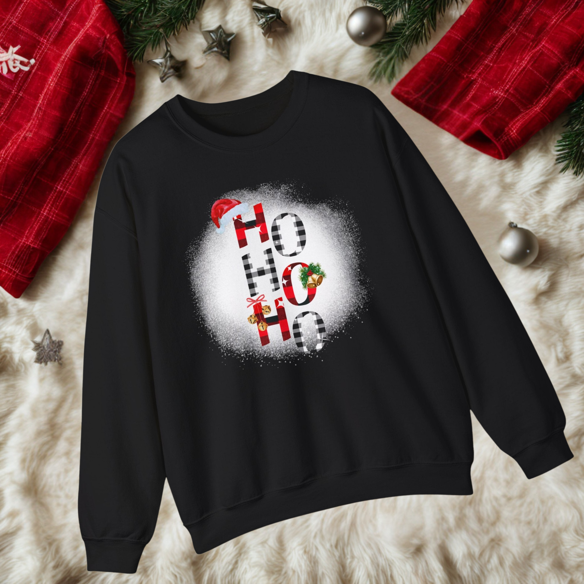 Shop Cozy Christmas sweatshirt featuring ‘Ho Ho Ho’ in cute and festive plaid design at In Style Chics Boutique 🎁🎅🏻🧑🏻‍🎄
