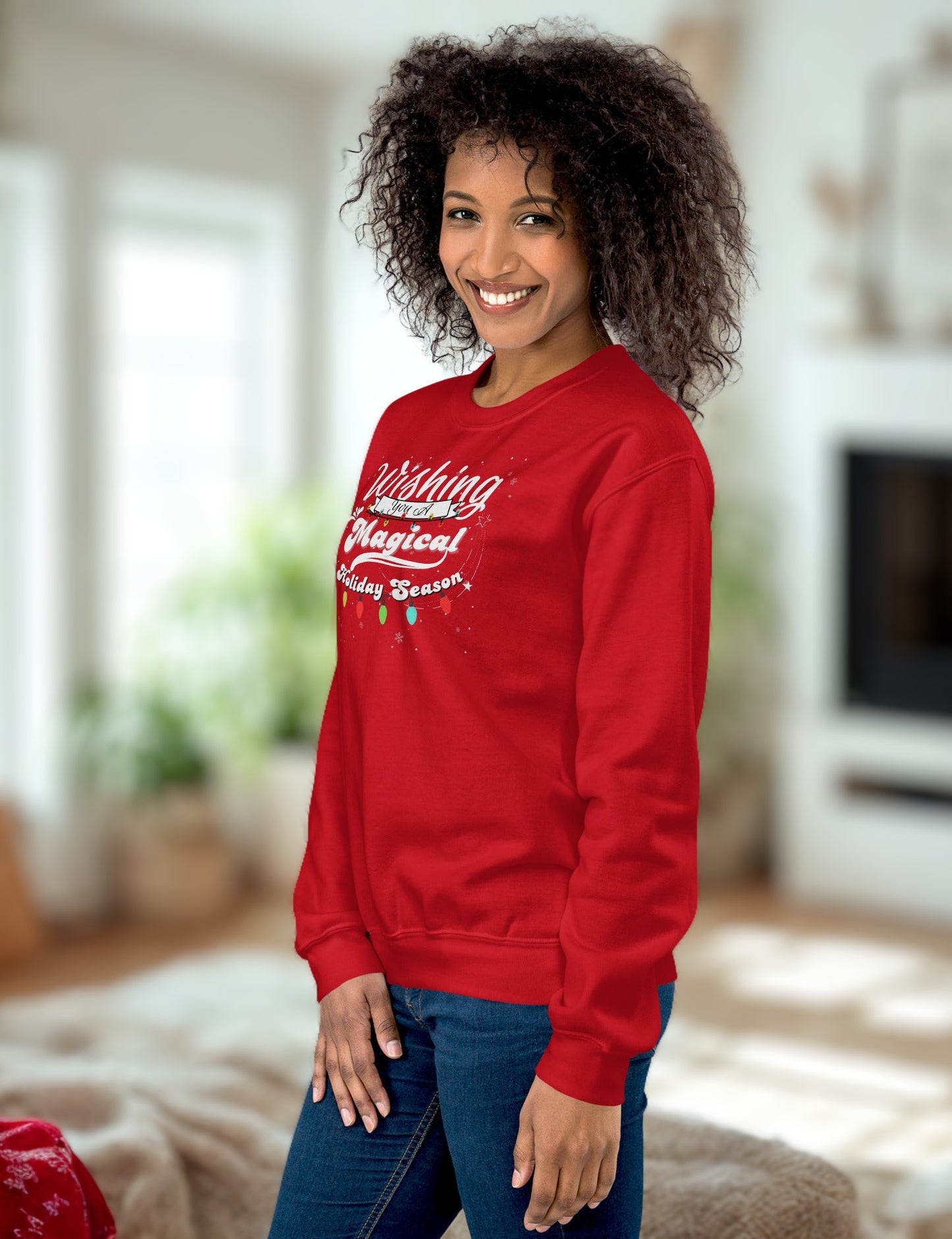 Festive holiday sweatshirt reading ‘Wishing You a Magical Holiday Season",  soft and cozy for winter wear at In Style Chics Boutique 