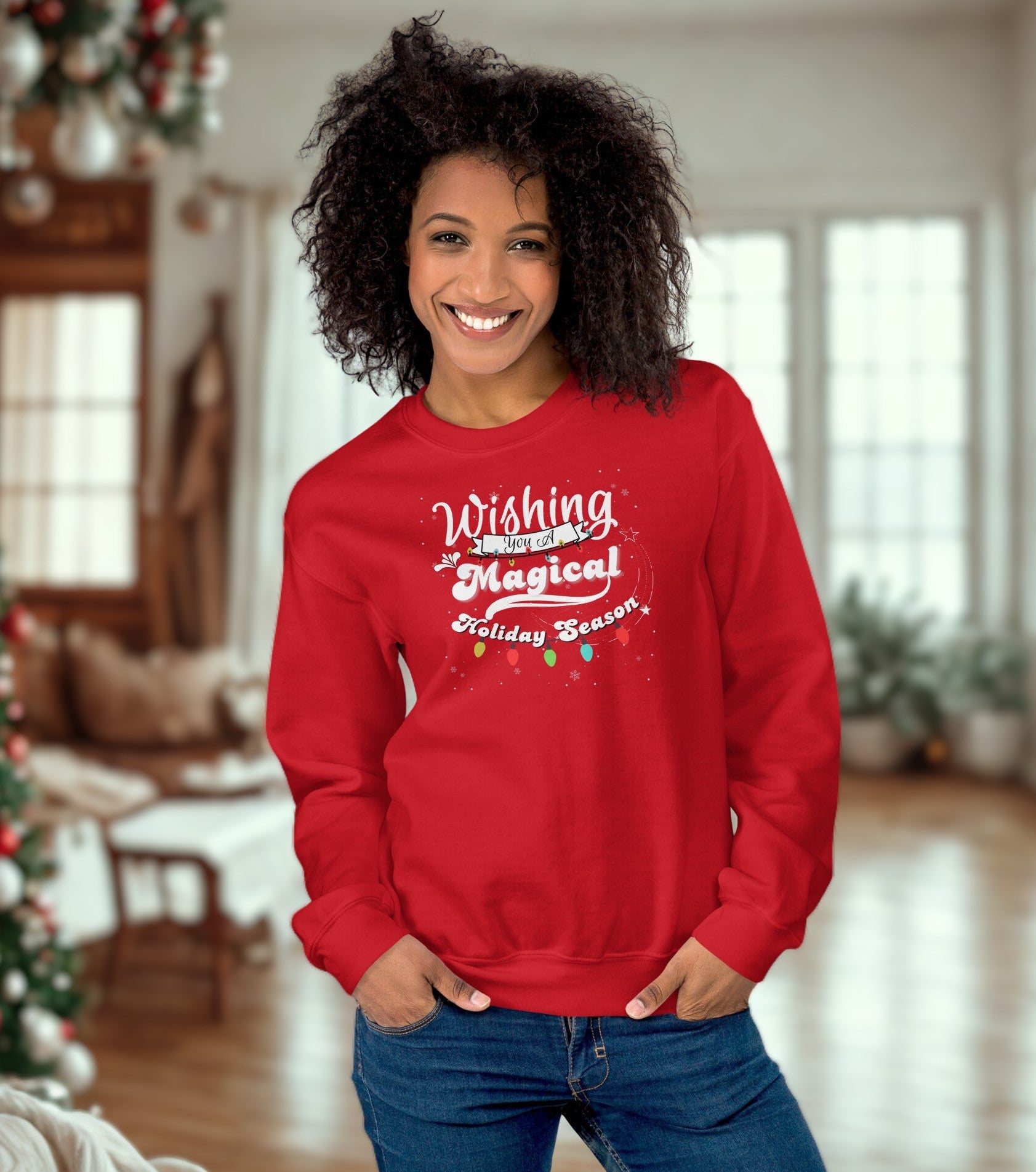 Festive holiday sweatshirt reading ‘Wishing You a Magical Holiday Season",  soft and cozy for winter wear at In Style Chics Boutique 