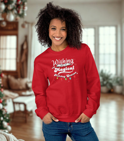 Festive holiday sweatshirt reading ‘Wishing You a Magical Holiday Season",  soft and cozy for winter wear at In Style Chics Boutique 