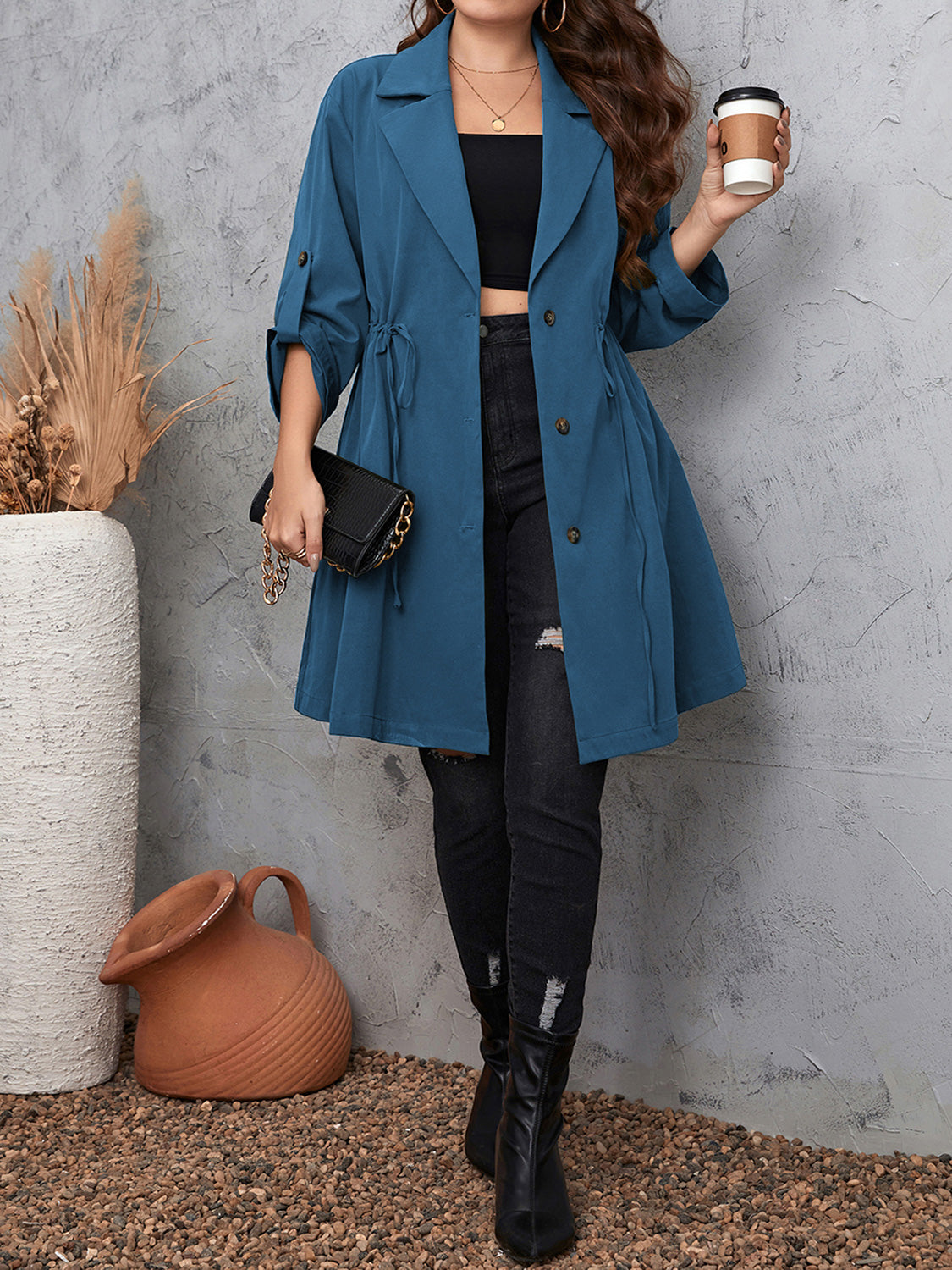 Plus Size Lapel Collar Drawstring Roll-Tab Sleeve Trench Coat - Mocha or Dusty Blue - In Style Chics Boutique LLC