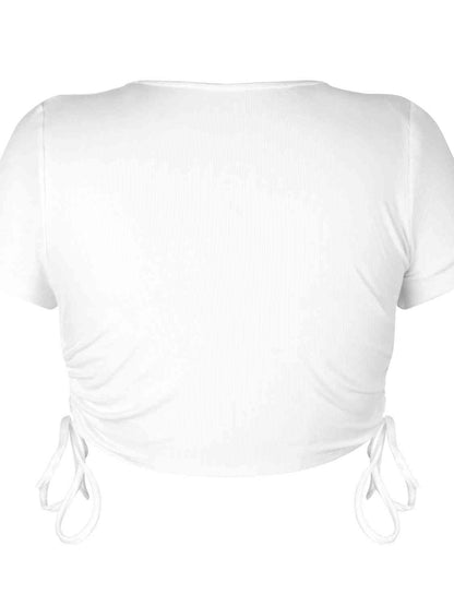 Round Neck Short Sleeve Drawstring Tee - White or Black - In Style Chics Boutique LLC