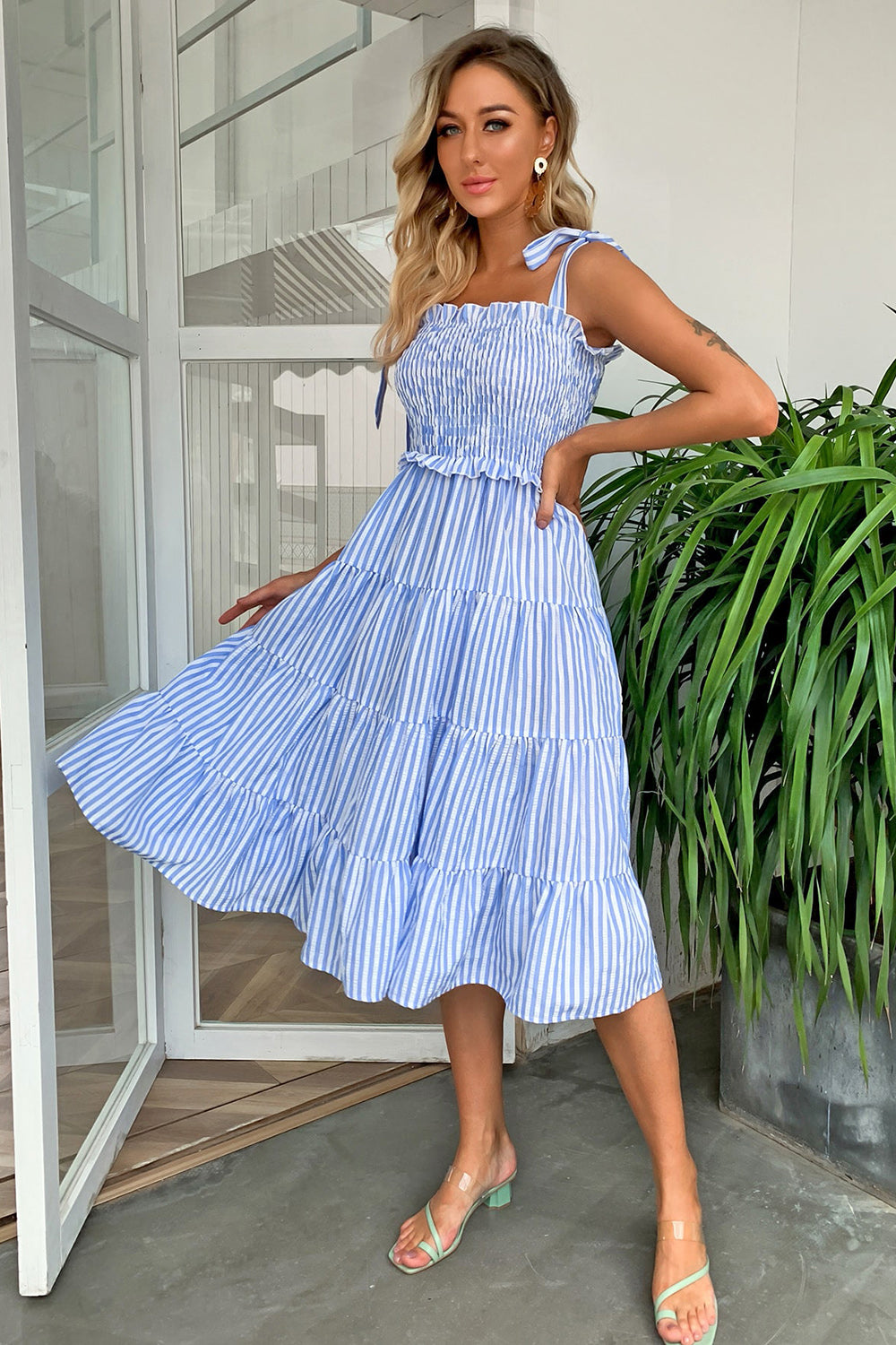 Striped Tie-Shoulder Tiered Dress Yellow or Pastel Blue - In Style Chics Boutique LLC