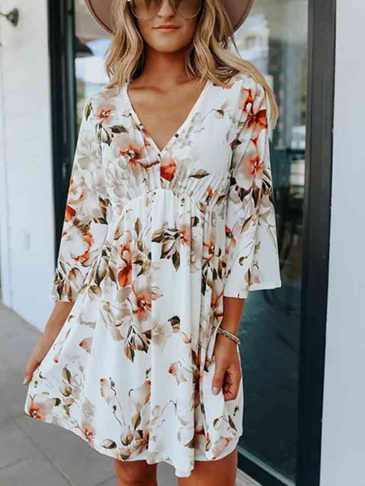 Floral V-Neck Three-Quarter Sleeve Dress - In Style Chics Boutique LLC