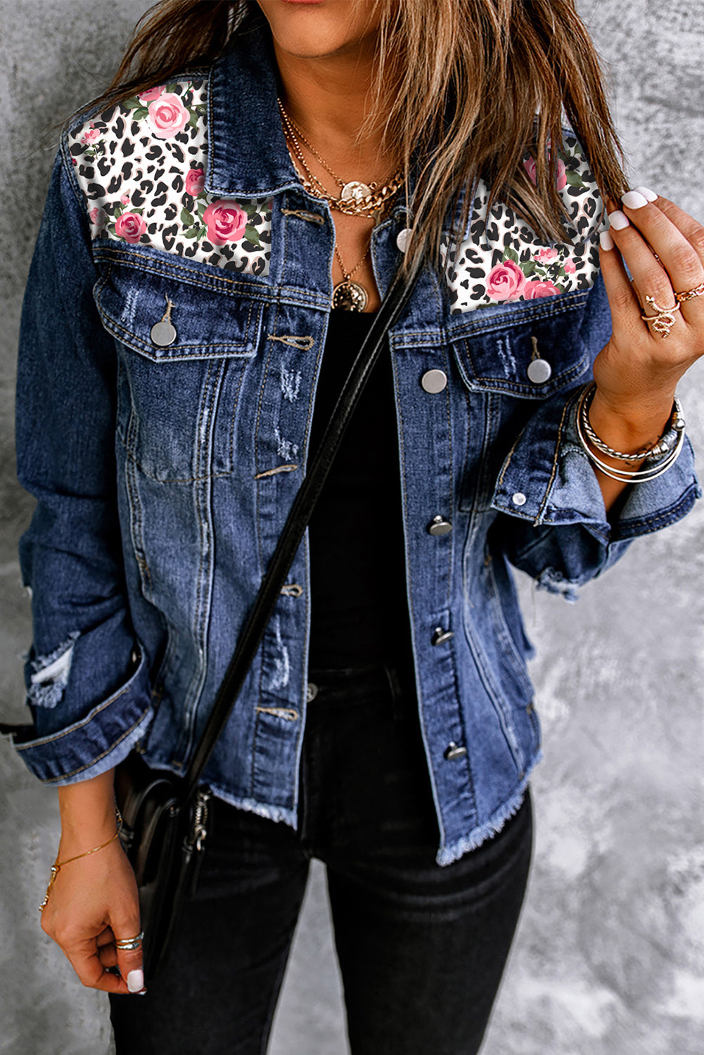 Mixed Print Distressed Button Front Denim Jacket - In Style Chics Boutique LLC