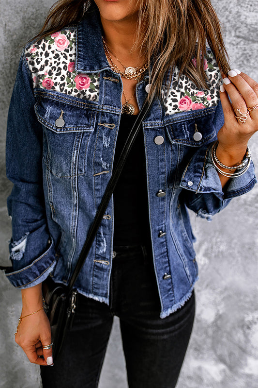 Mixed Print Distressed Button Front Denim Jacket - In Style Chics Boutique LLC