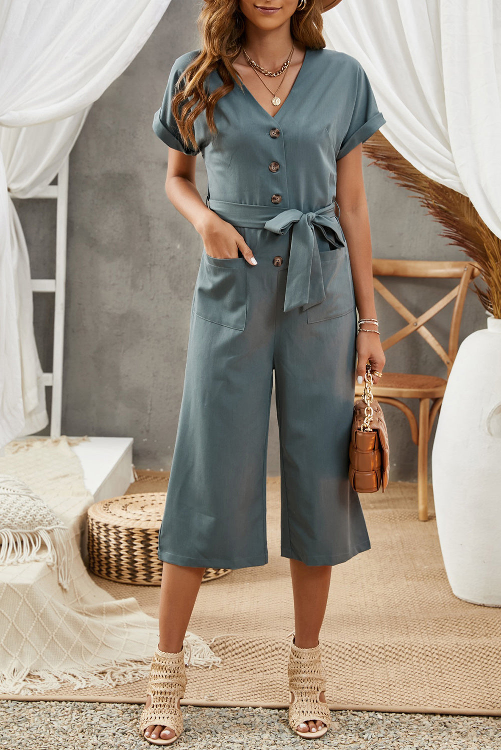 Tie-Waist Buttoned Cropped Jumpsuit - Moss or Misty Blue - In Style Chics Boutique LLC