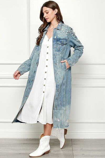 Veveret Full Size Distressed Raw Hem Pearl Detail Button Up Jacket - In Style Chics Boutique LLC