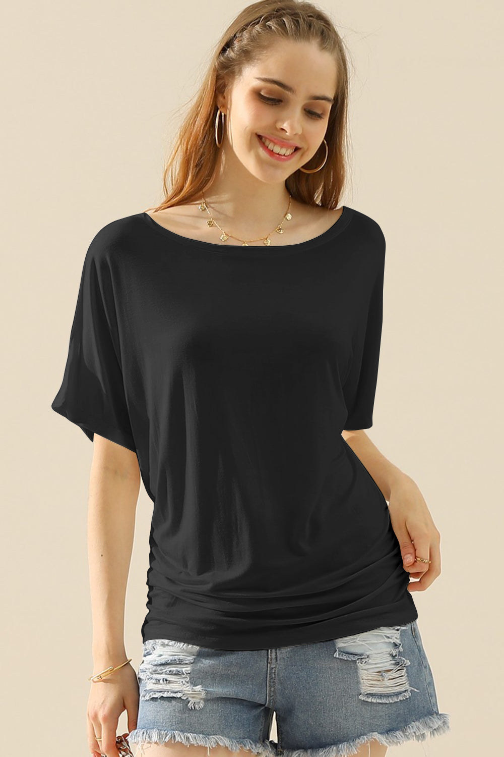 Ninexis Boat Neck Short Sleeve Ruched Side Top - More Colors! - In Style Chics Boutique LLC