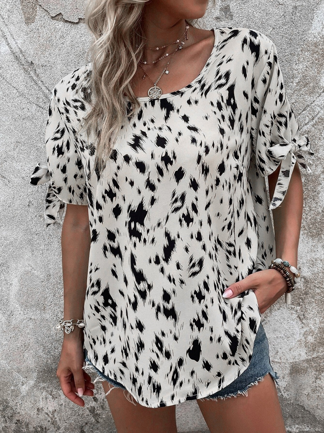 Tied Printed Boat Neck Blouse More Colors! - In Style Chics Boutique LLC