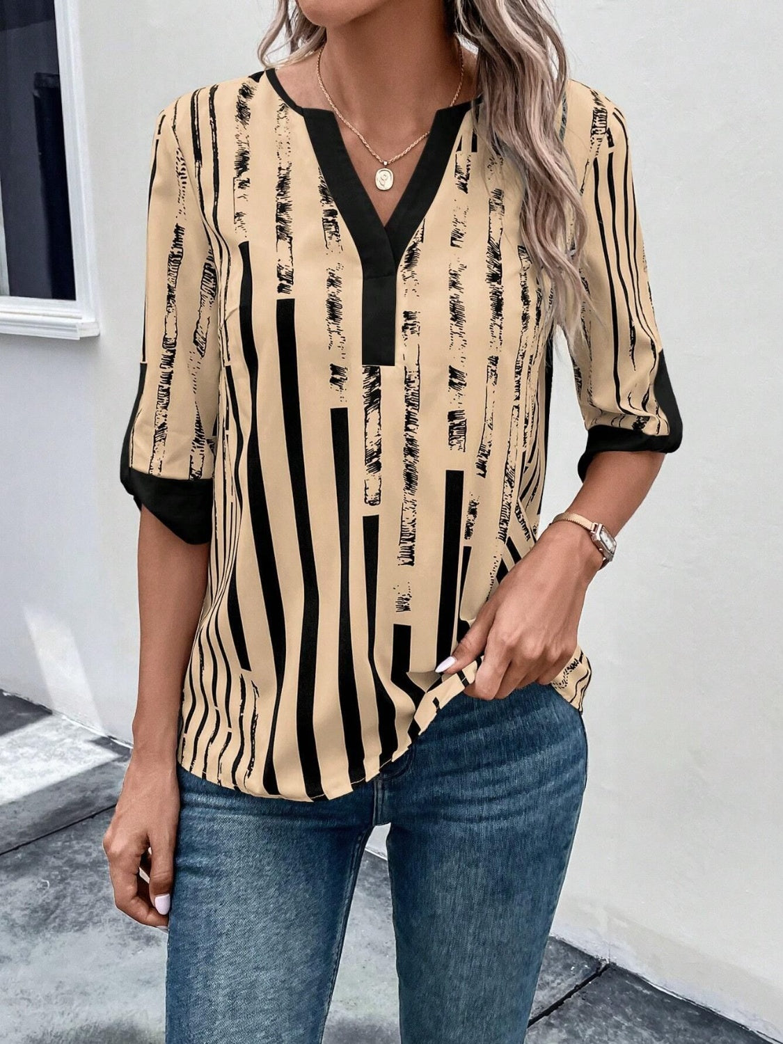 Striped Notched Half Sleeve Blouse More Color Options - In Style Chics Boutique LLC