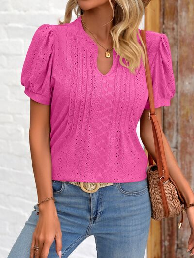 Eyelet Notched Puff Sleeve T-Shirt More Colors! - In Style Chics Boutique LLC