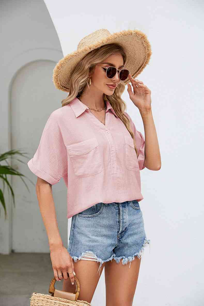 Half Button Johnny Collar Blouse Pink or Black - In Style Chics Boutique LLC