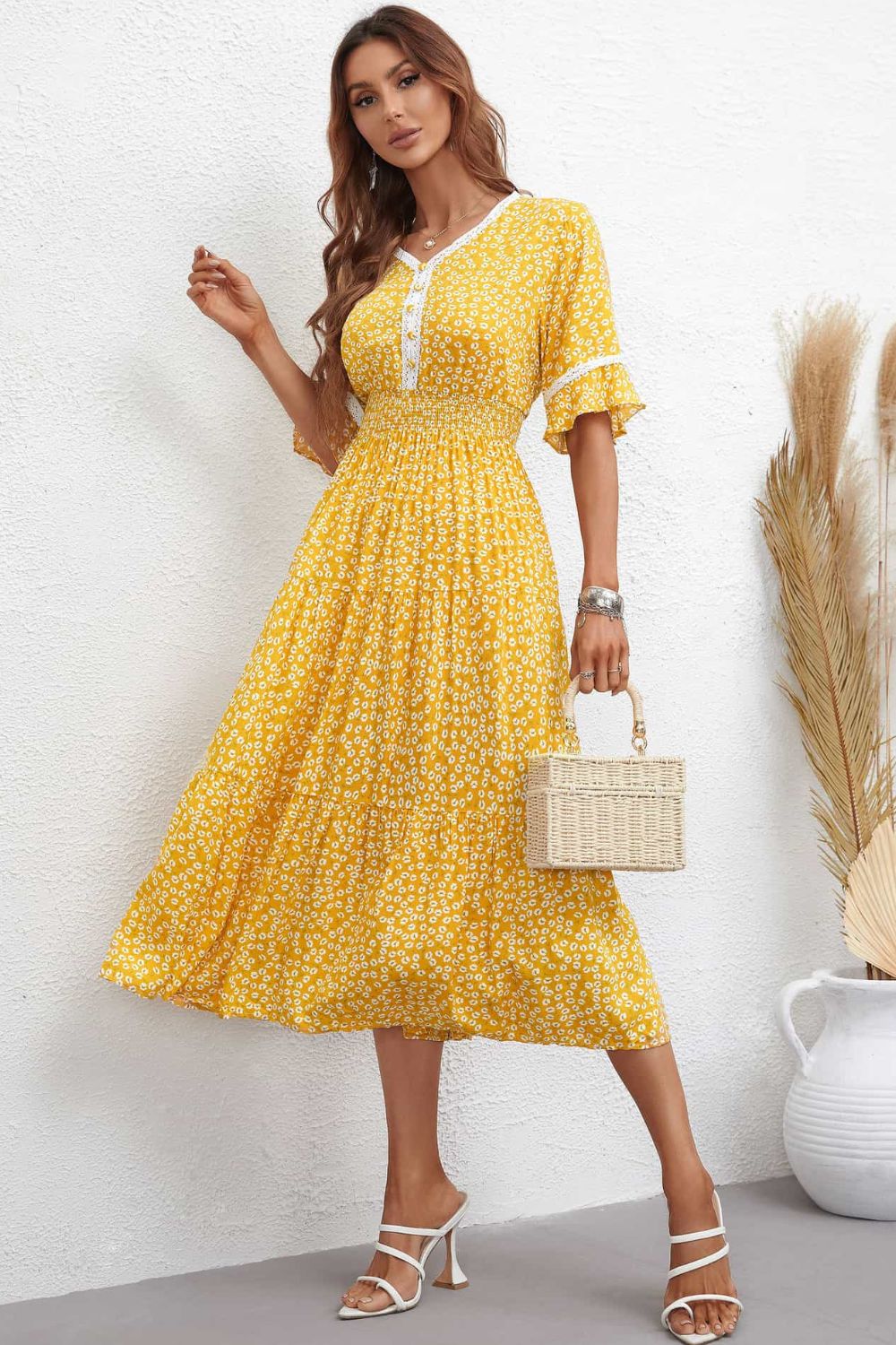 Floral V-Neck Smocked Waist Midi Dress Mustard or Deep Rose - In Style Chics Boutique LLC