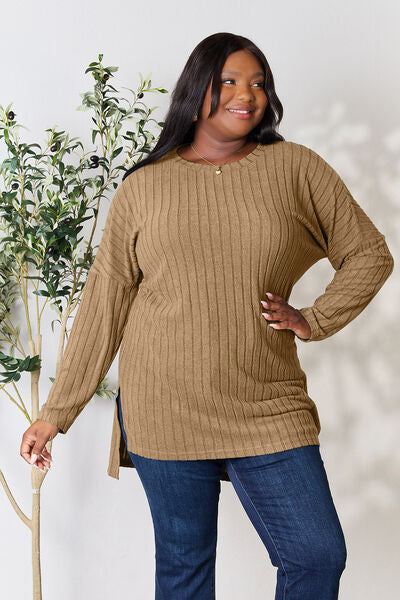 Basic Bae Full Size Ribbed Round Neck Long Sleeve Slit Top - More Colors! - In Style Chics Boutique LLC