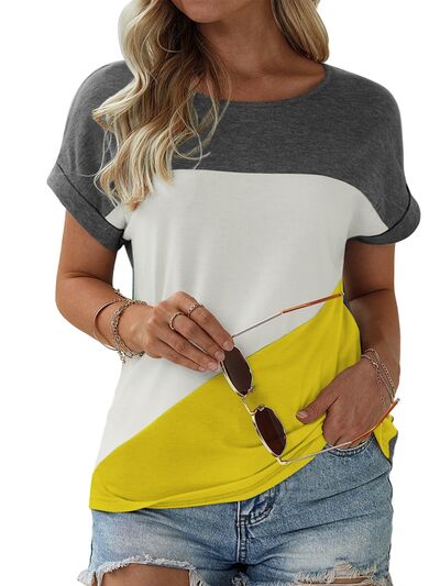 Color Block Round Neck Short Sleeve T-Shirt - In Style Chics Boutique LLC