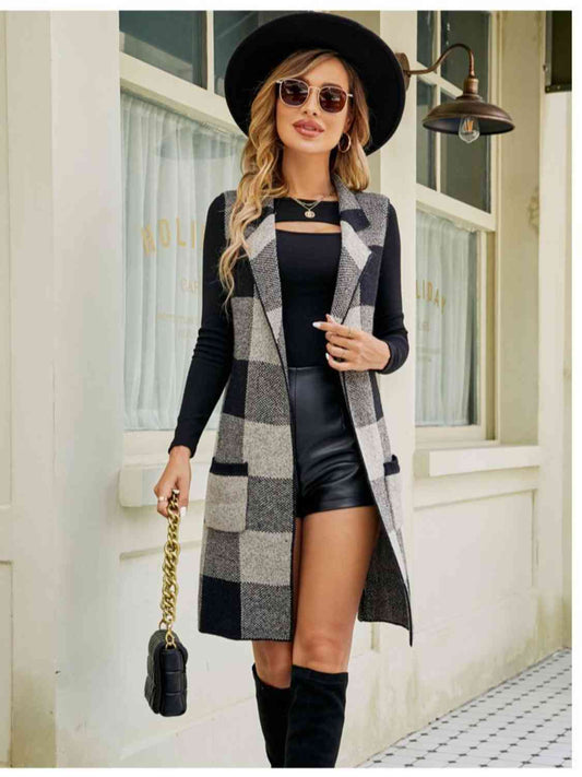 Plaid Lapel Collar Sleeveless Cardigan - In Style Chics Boutique LLC