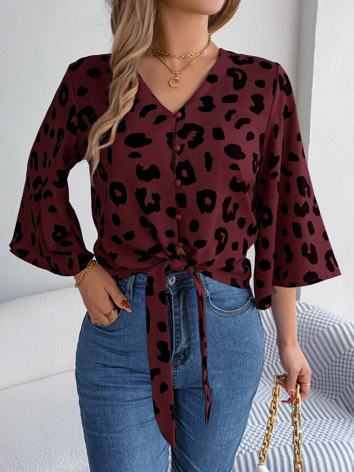 Tied Button Up Leopard V-Neck Blouse - More Colors! - In Style Chics Boutique LLC