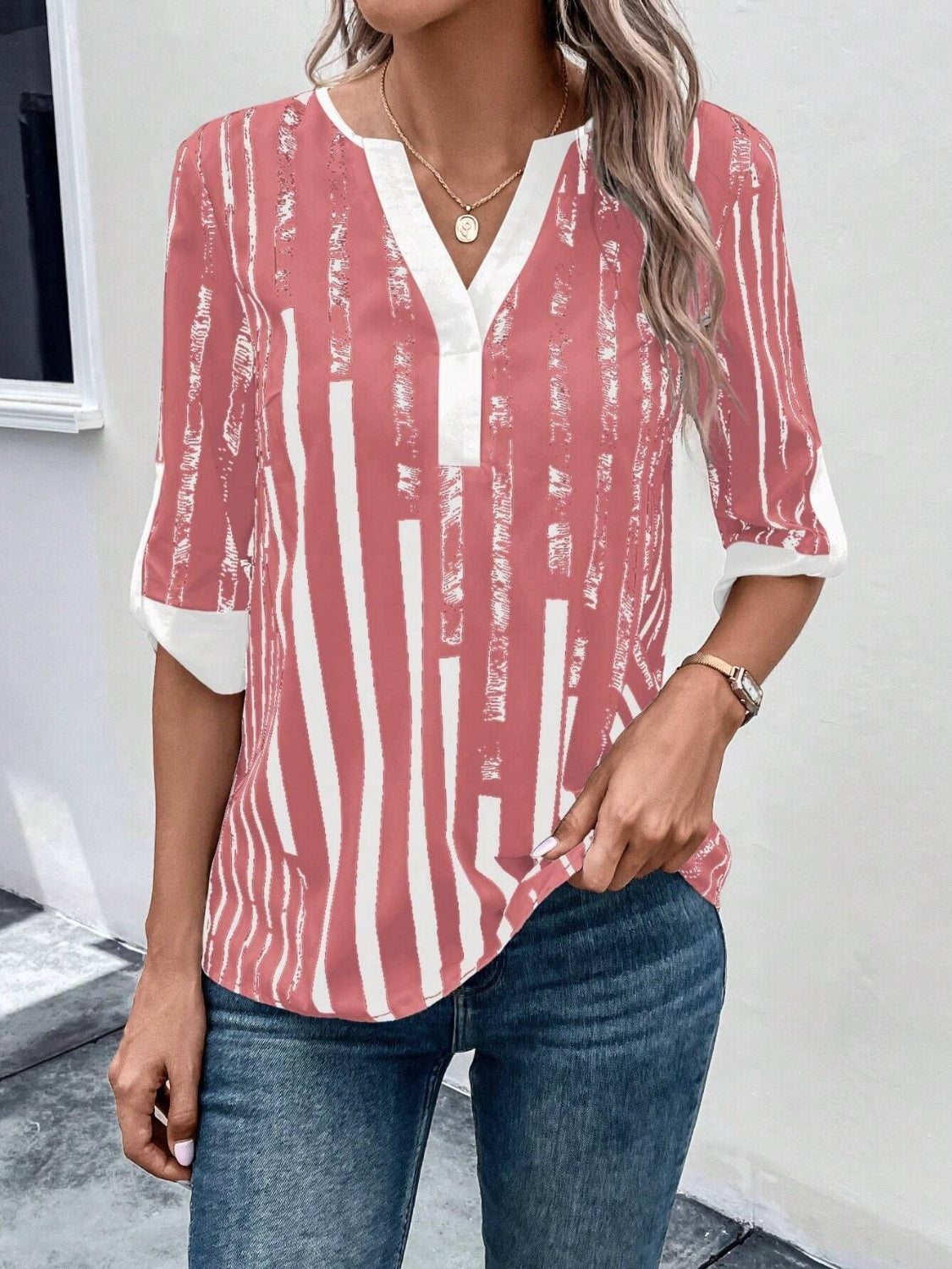 Striped Notched Half Sleeve Blouse More Color Options - In Style Chics Boutique LLC