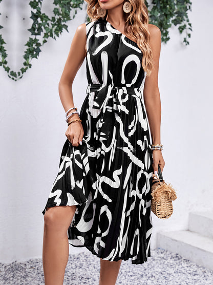 Printed Single Shoulder Tie Waist Dress - In Style Chics Boutique LLC