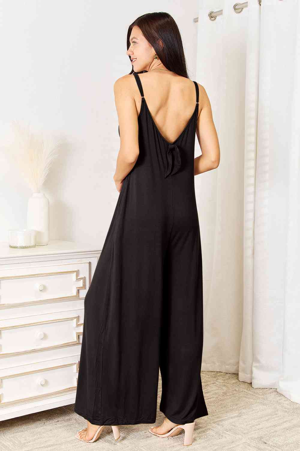 Double Take Full Size Soft Rayon Spaghetti Strap Tied Wide Leg Jumpsuit - More Colors! - In Style Chics Boutique LLC