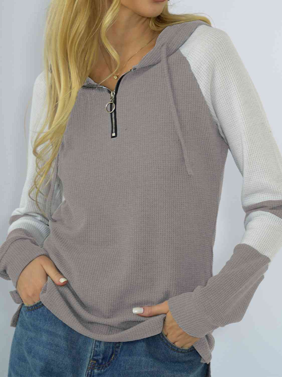 Quarter-Zip Waffle-Knit Hoodie - In Style Chics Boutique LLC