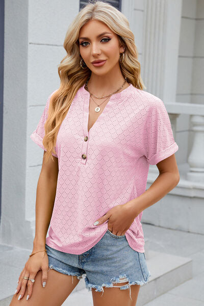 Eyelet Notched Short Sleeve T-Shirt More Colors! - In Style Chics Boutique LLC