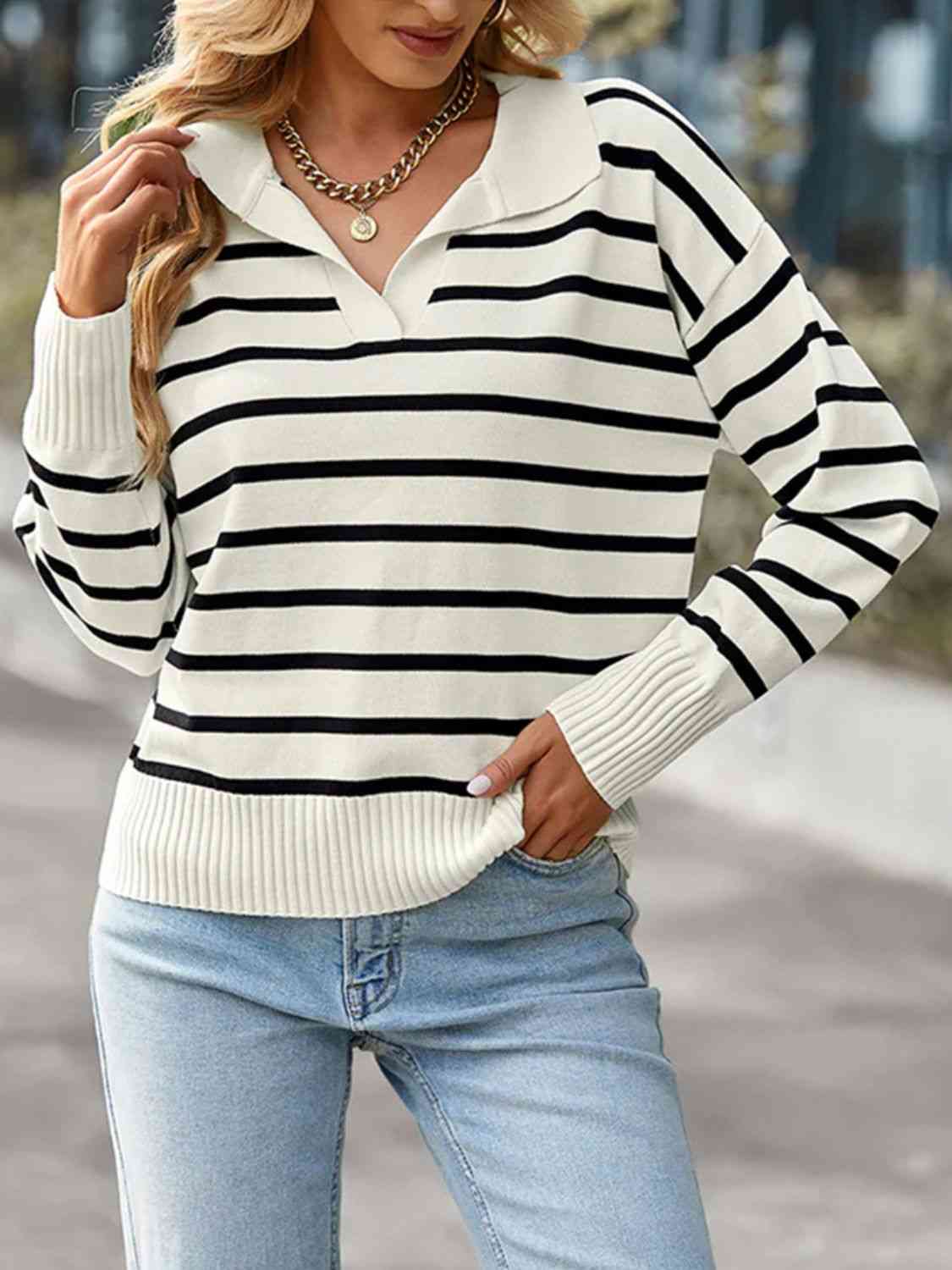 Striped Collared Neck Knit Top - In Style Chics Boutique LLC