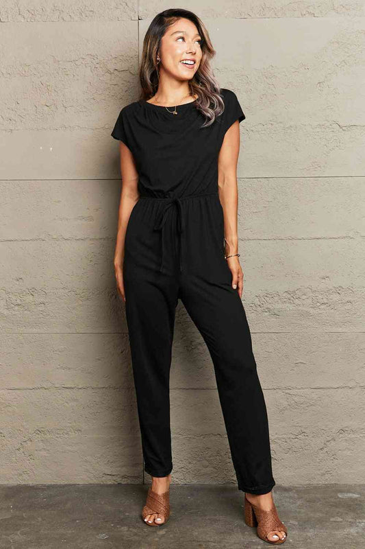 Boat Neck Short Sleeve Solid Black Jumpsuit with Pockets - In Style Chics Boutique LLC