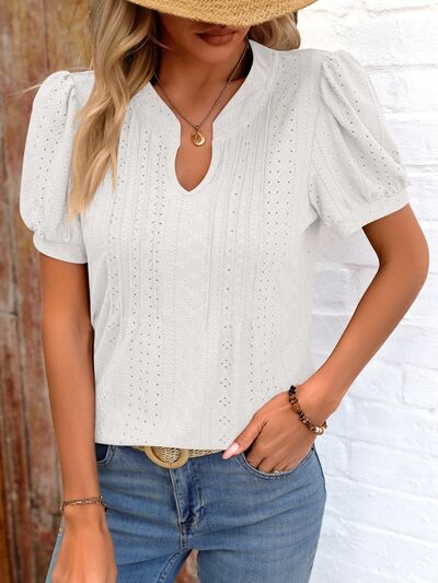 Eyelet Notched Puff Sleeve T-Shirt More Colors! - In Style Chics Boutique LLC