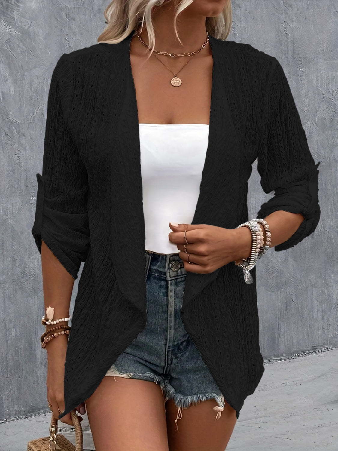 Eyelet Roll-Tab Sleeve Cardigan More Colors! - In Style Chics Boutique LLC