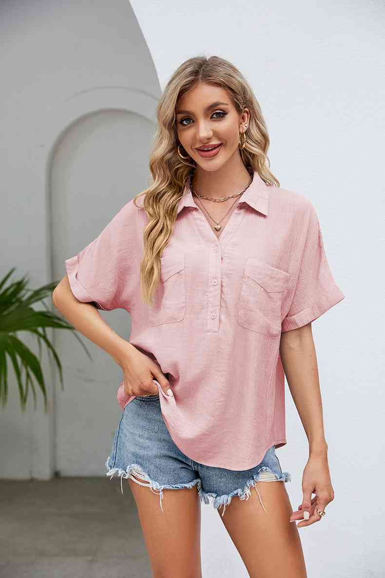 Half Button Johnny Collar Blouse Pink or Black - In Style Chics Boutique LLC