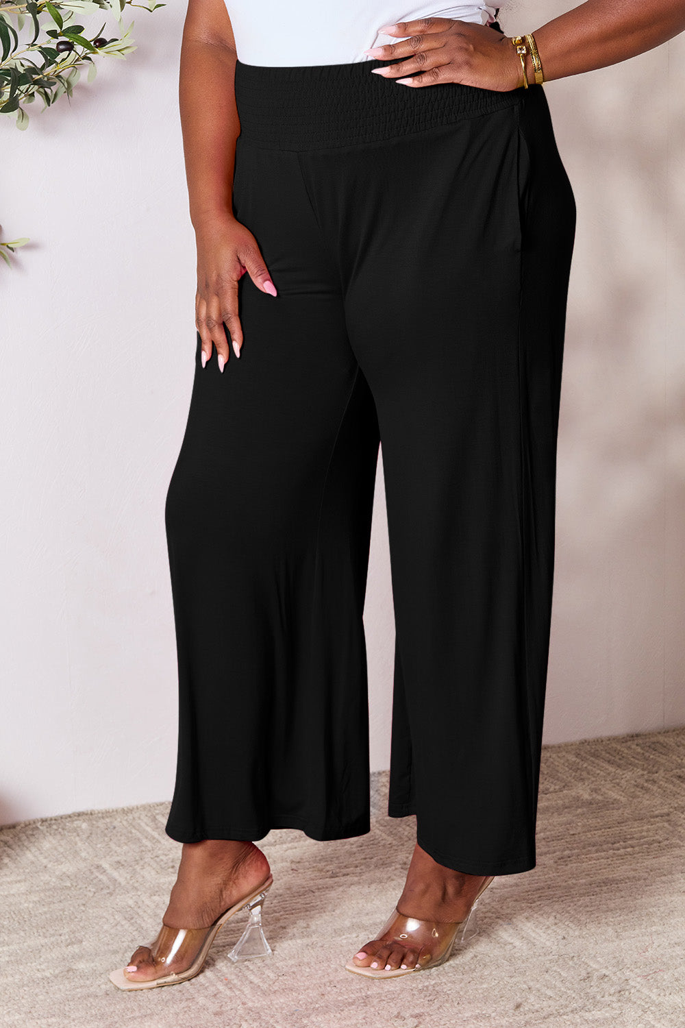 Double Take Full Size Smocked Wide Waistband Wide Leg Pants - In Style Chics Boutique LLC