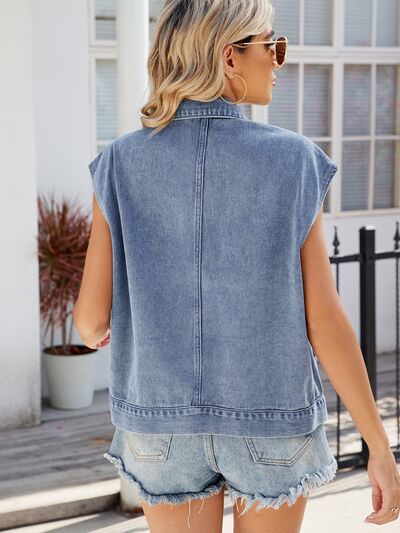 Pocketed Button Up Sleeveless Denim Jacket - In Style Chics Boutique LLC