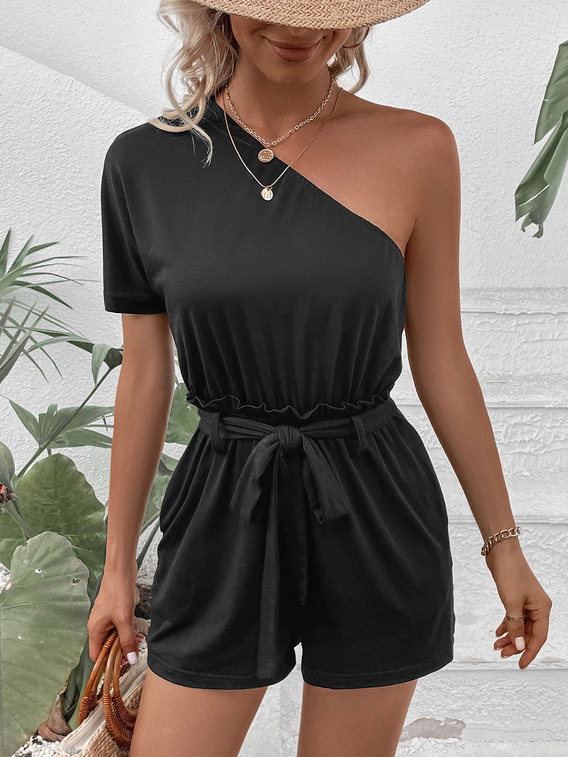 Single Shoulder Tie Waist Romper - In Style Chics Boutique LLC