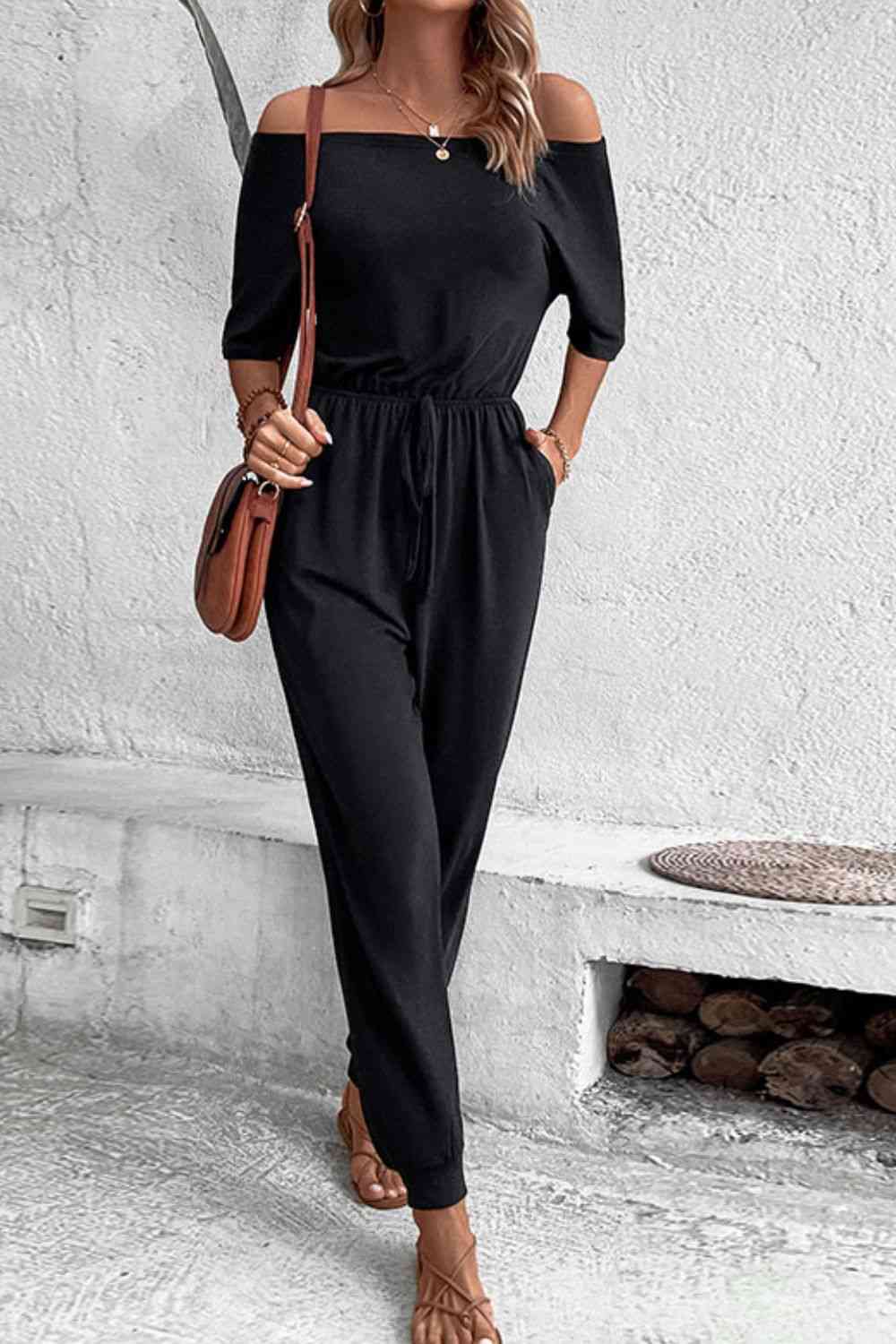 Off-Shoulder Jumpsuit with Pockets - In Style Chics Boutique LLC