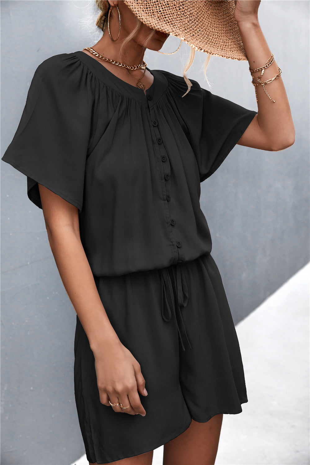 Buttoned Gather Detail Romper Also in Black! - In Style Chics Boutique LLC