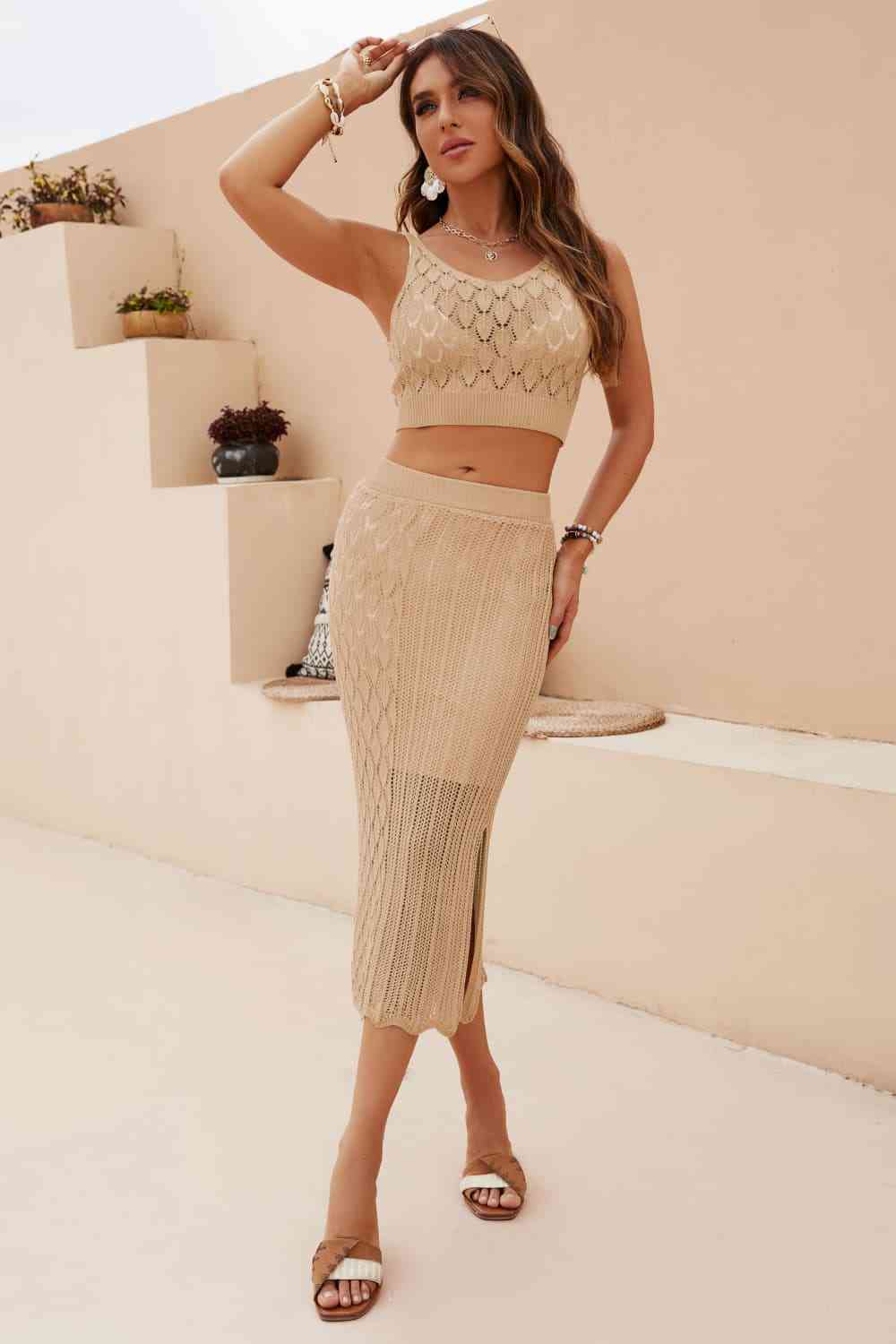 Openwork Cropped Tank and Split Skirt Set - More Colors! - In Style Chics Boutique LLC