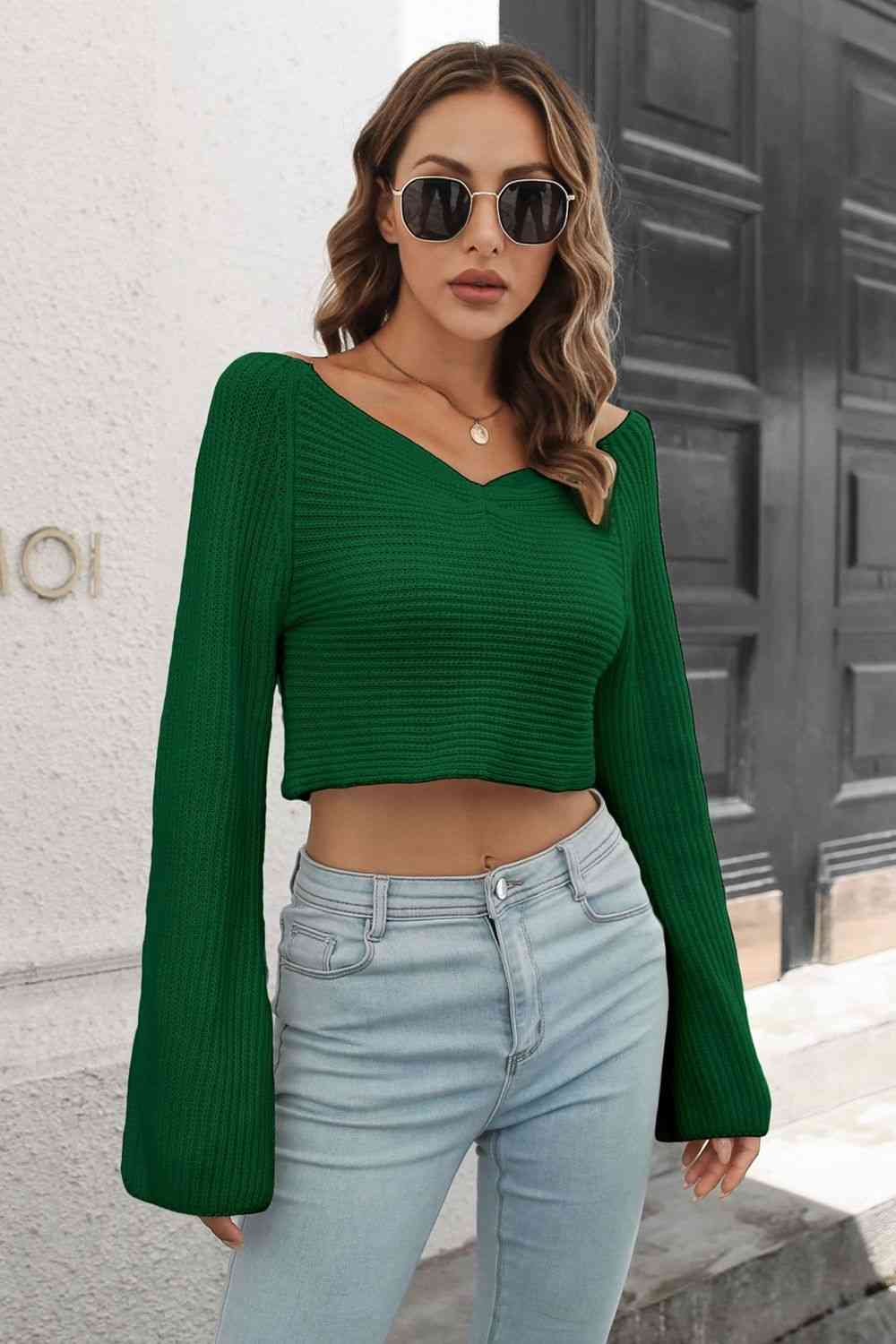 Cropped V-Neck Flare Sleeve Knit Top - More Colors! - In Style Chics Boutique LLC