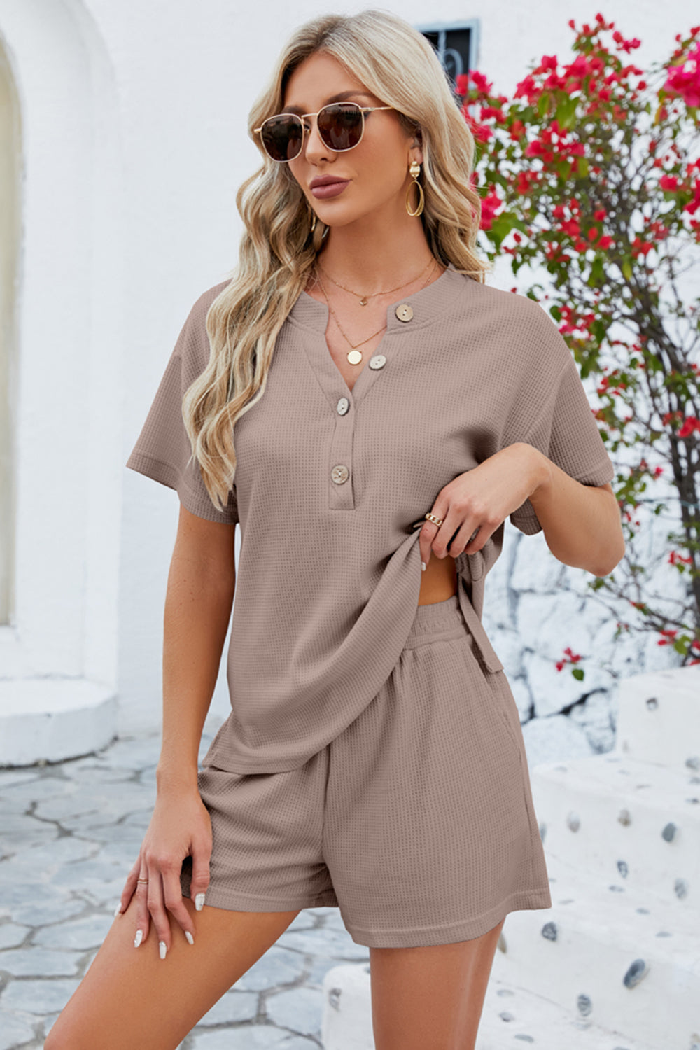 Notched Button Detail Dropped Shoulder Top and Shorts Set - More Colors! - In Style Chics Boutique LLC