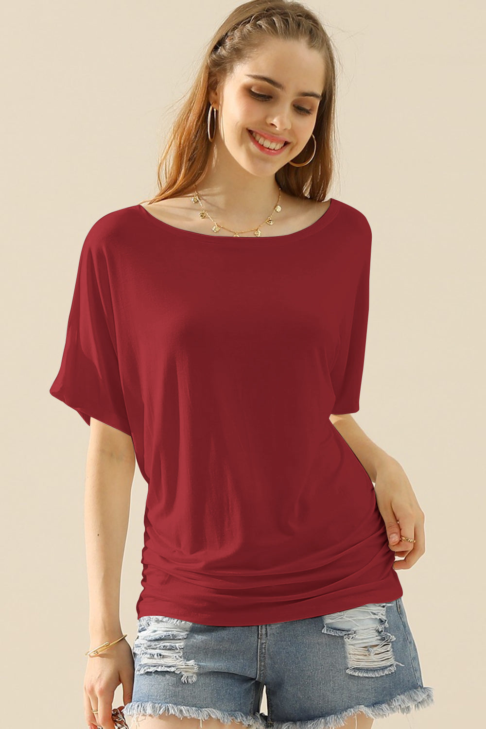 Ninexis Boat Neck Short Sleeve Ruched Side Top - More Colors! - In Style Chics Boutique LLC