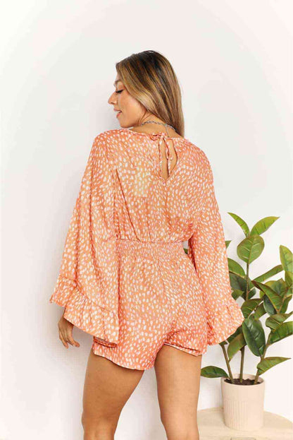 Double Take Printed Flare Sleeve Surplice Romper - In Style Chics Boutique LLC