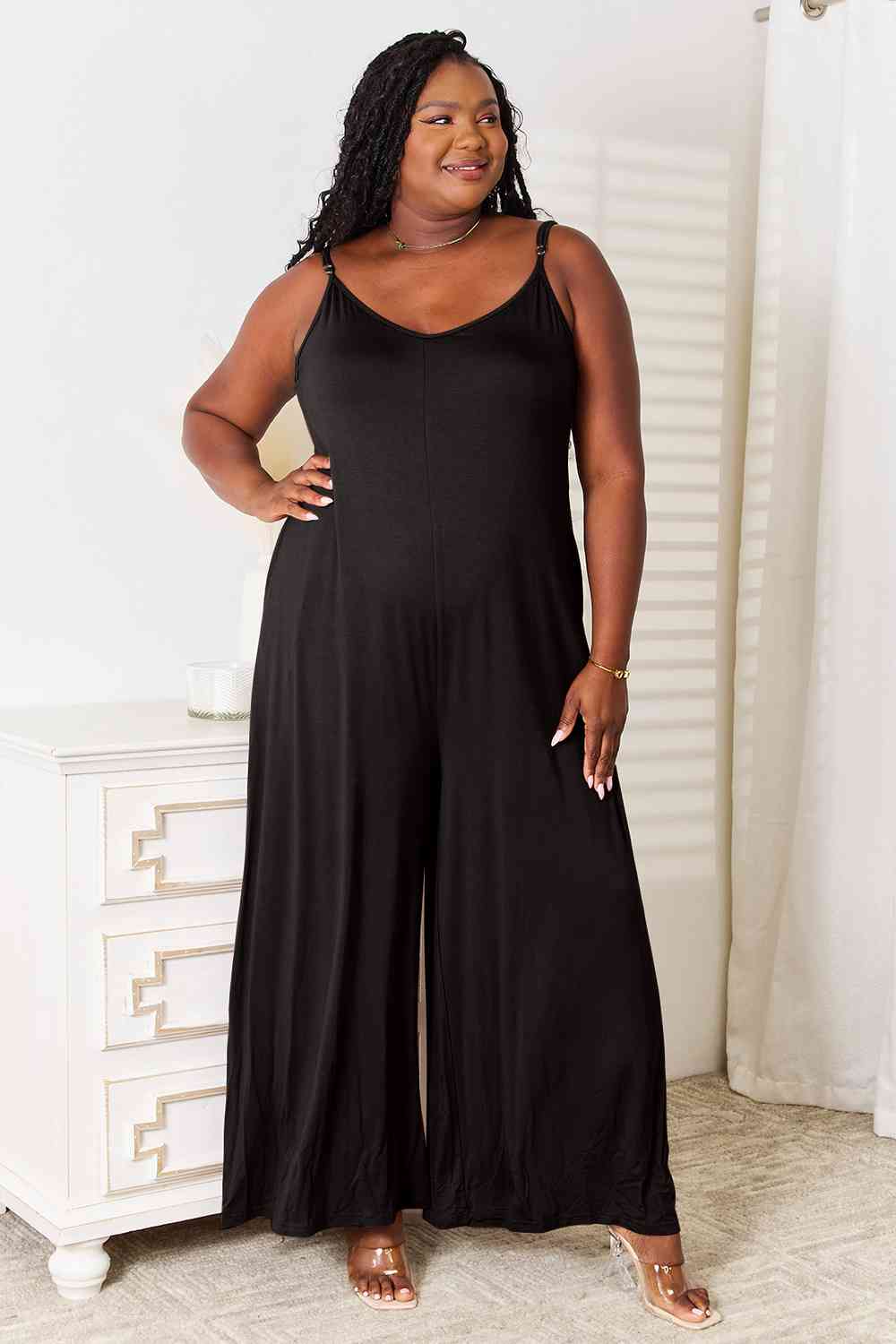 Double Take Full Size Soft Rayon Spaghetti Strap Tied Wide Leg Jumpsuit - More Colors! - In Style Chics Boutique LLC