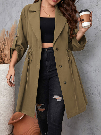 Plus Size Lapel Collar Drawstring Roll-Tab Sleeve Trench Coat - Mocha or Dusty Blue - In Style Chics Boutique LLC