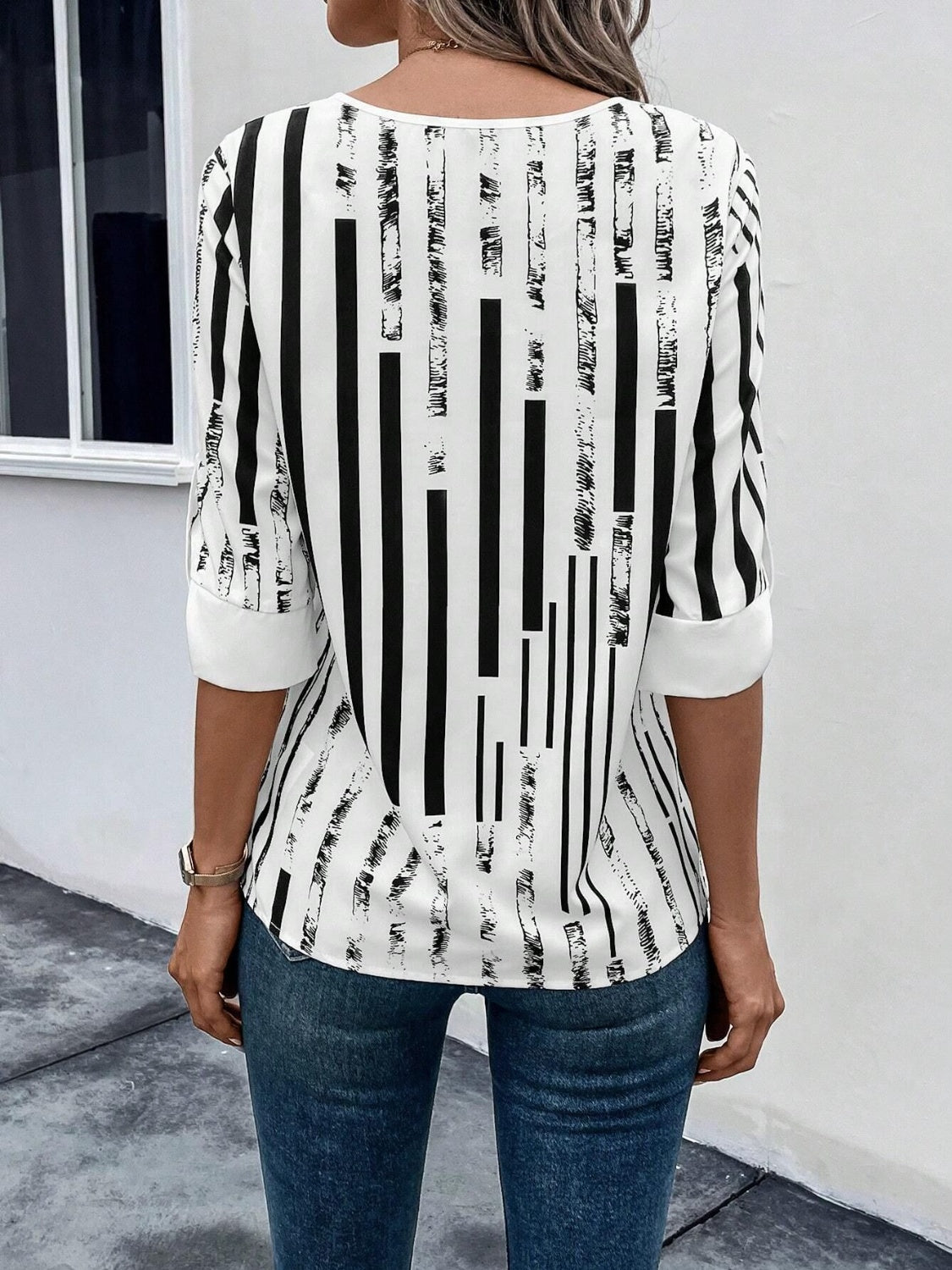 Striped Notched Half Sleeve Blouse More Color Options - In Style Chics Boutique LLC