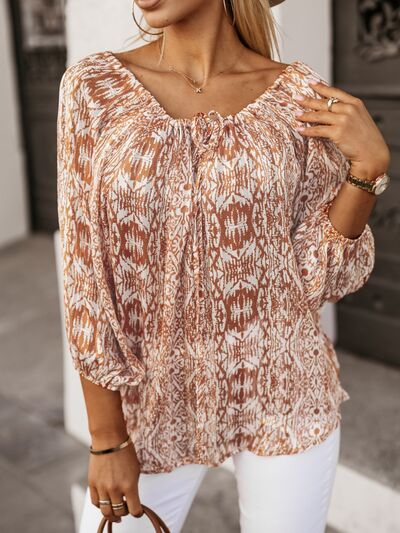 Printed Boat Neck Balloon Sleeve Blouse - In Style Chics Boutique LLC